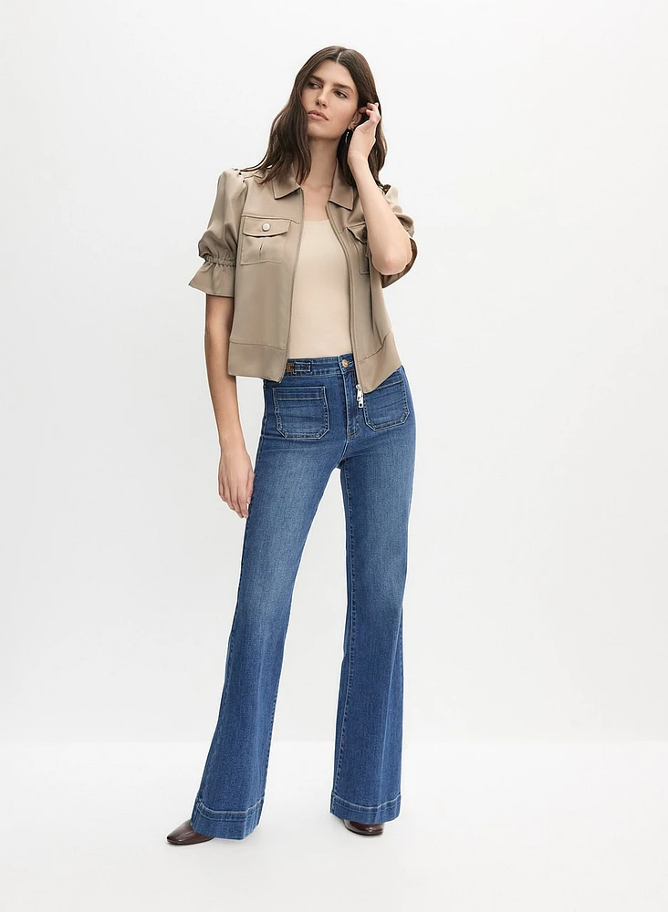 Ruffle Short Sleeve Jacket & Flare Detailed Jeans