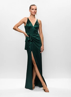 V-Neck Satin Flounce Dress