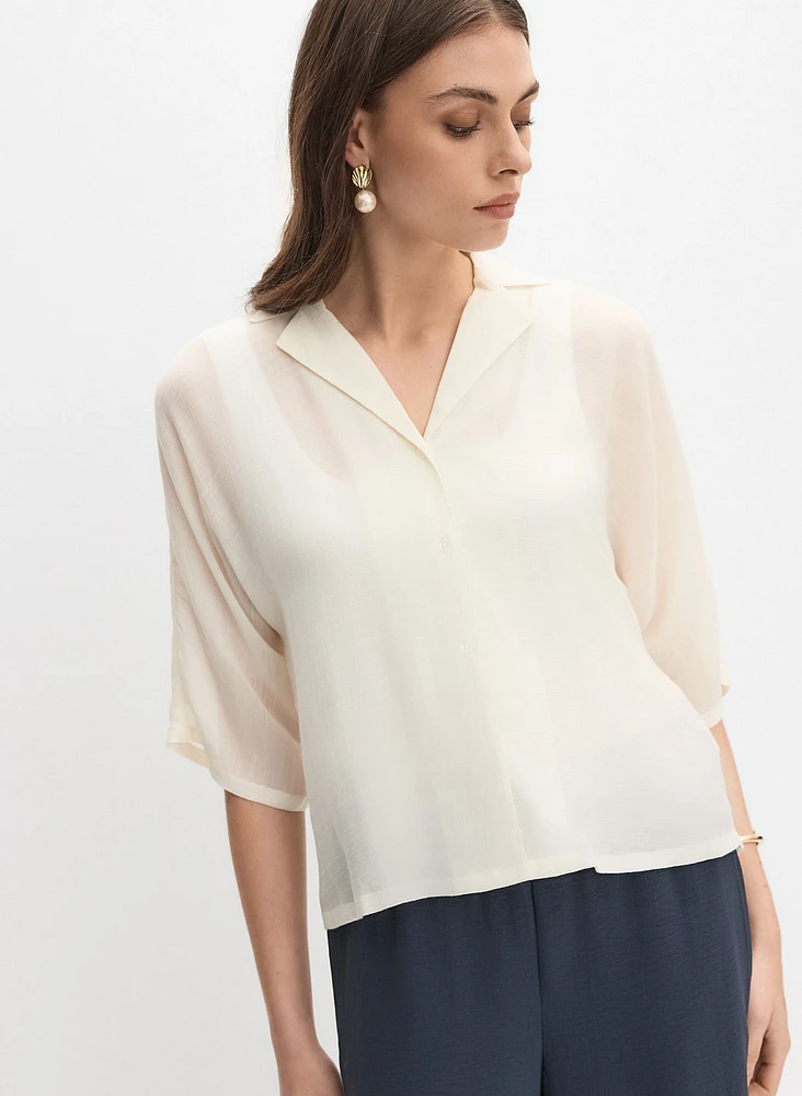 Notch Collar Elbow Sleeve Blouse