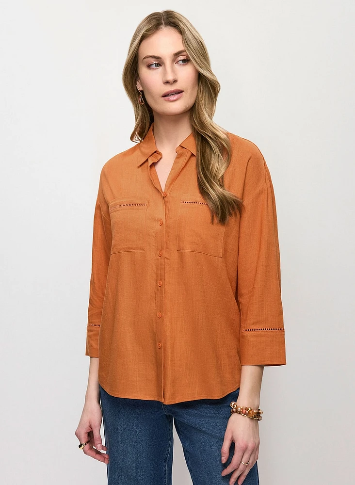 Linen-Blend Openwork Detail Blouse