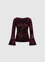 Patterned Velvet Bell Sleeve Top