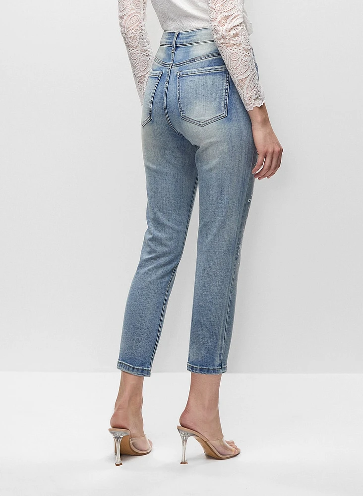 Floral Embroidered Light-Wash Jeans