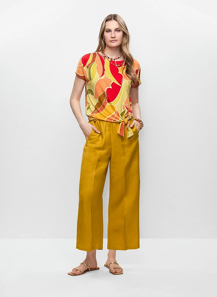 Leaf Print T-Shirt & Linen-Blend Culotte Pants