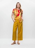 Leaf Print T-Shirt & Linen-Blend Culotte Pants