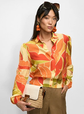 Tropical Smocked-Waist Blouse