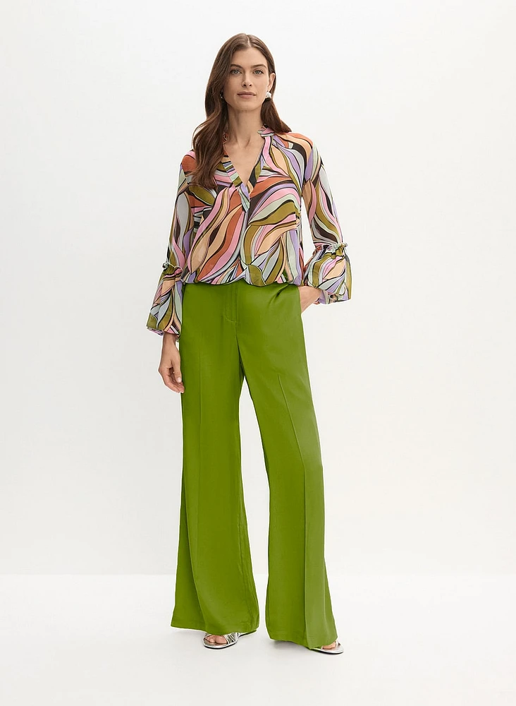 Leaf Print Chiffon Blouse & Satin Wide Leg Pants