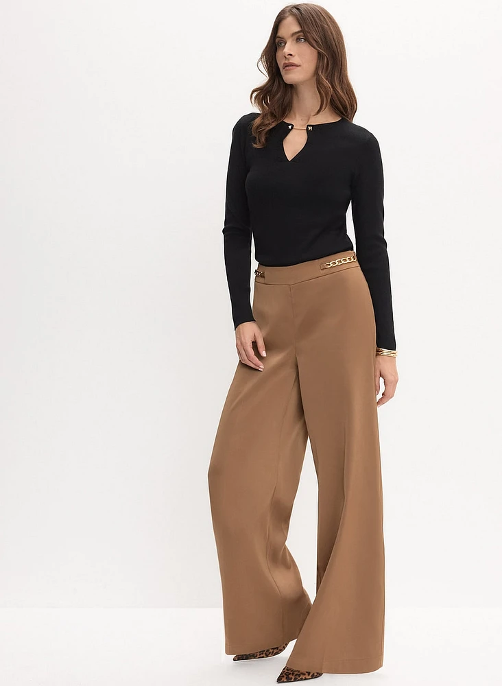 Chain Trim Satin Wide-Leg Pants