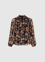 Blouse florale à encolure volantée