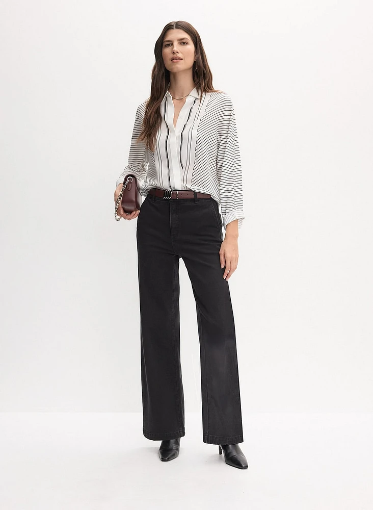 Stripe Print Button-Up Blouse & Wide Leg Jeans