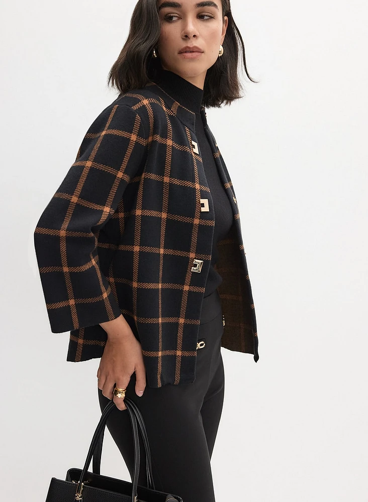 Plaid Raised Neck Cardigan