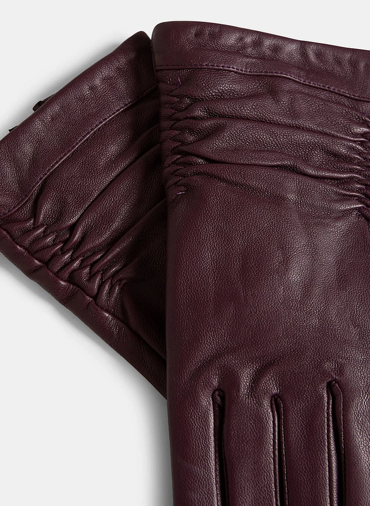 Ruched Detail Leather Gloves