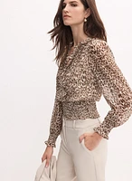 Animal Print Ruffle Front Blouse