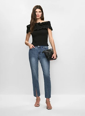 Frilled Off-the-Shoulder Top & Cropped Slit-Hem Jeans