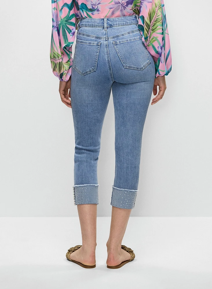 Sequin-Cuffed Capri Jeans