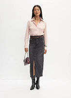 Button-Front Satin Blouse & Denim Maxi Skirt