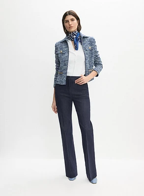 Zip Front Bouclé Jacket & Flare-Leg Denim Pants