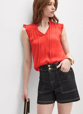 Satin Ruffle Shoulder Blouse
