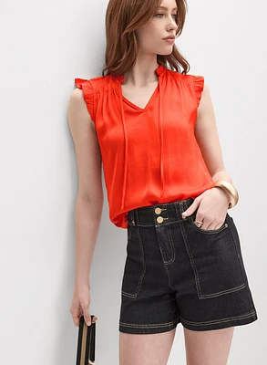 Satin Ruffle Shoulder Blouse