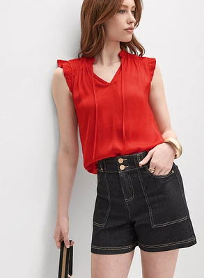Satin Ruffle Shoulder Blouse