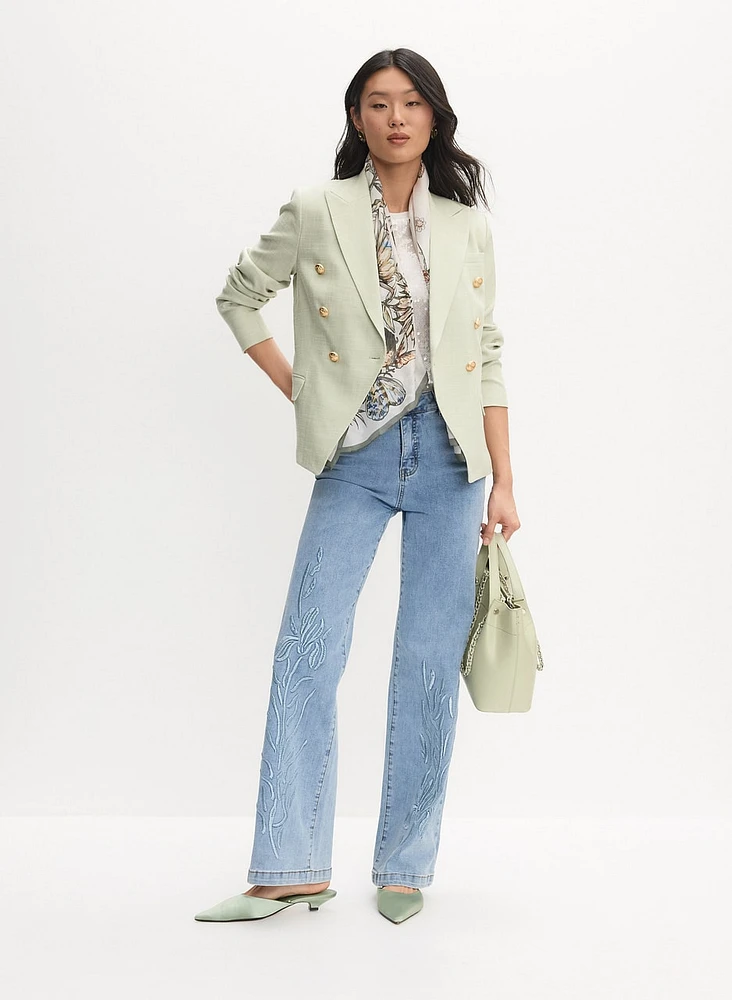 Double-Breasted Blazer & Embroidered Wide-Leg Jeans