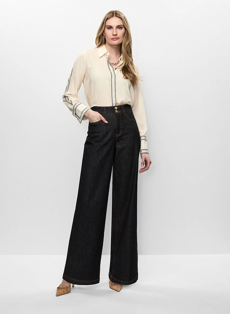 Contrast Trim Blouse & Wide Leg Jeans