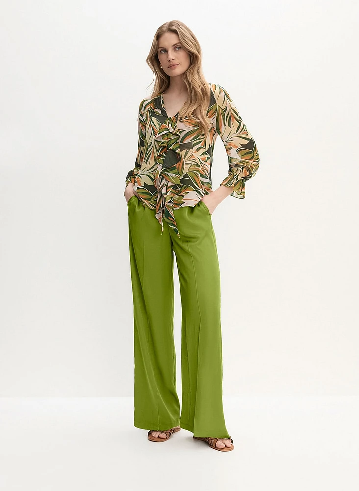 Ruffle Front Blouse & Satin Wide Leg Pants