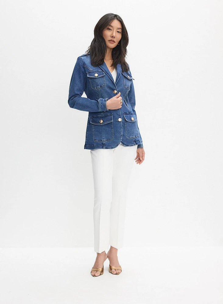 Belted Denim Jacket & Metal Detail Straight-Leg Pants