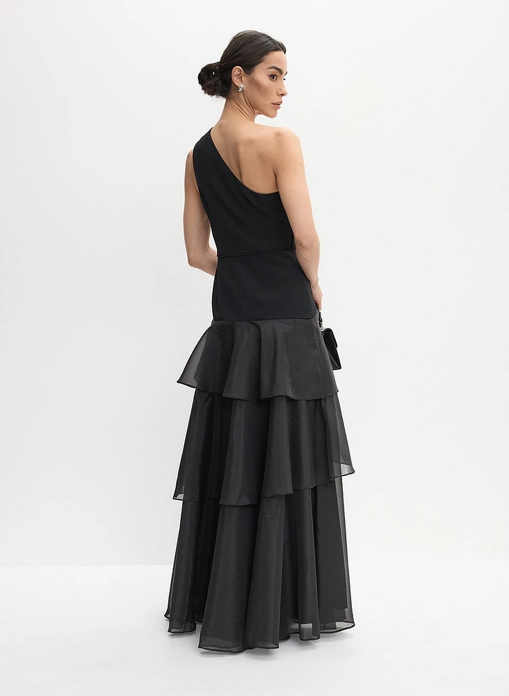 Tiered Organza One-Shoulder Gown