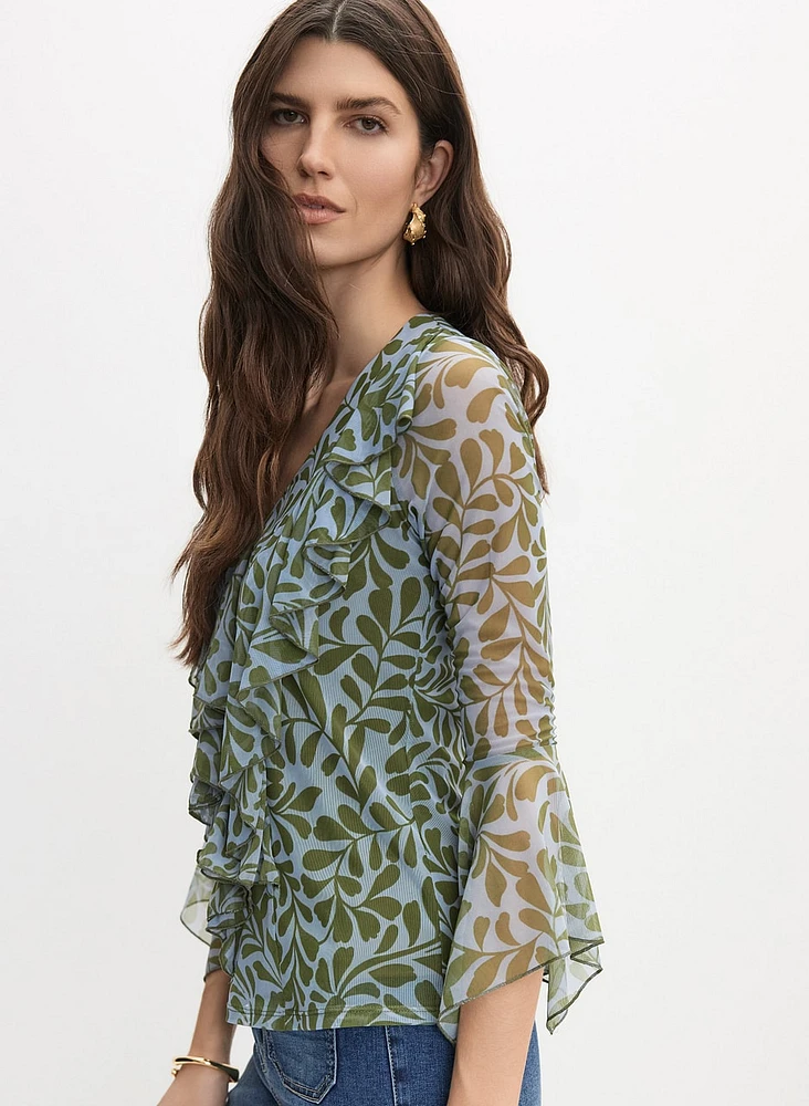 Vine Print Ruffle Front Blouse