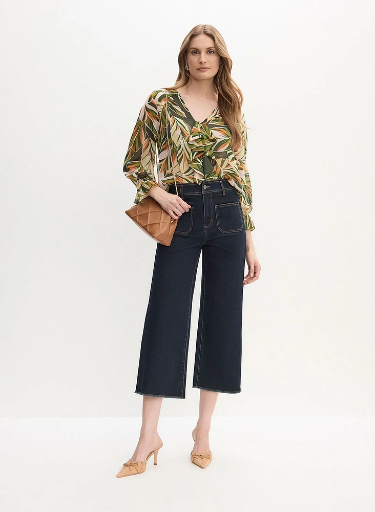 Palm Print Ruffle Front Blouse