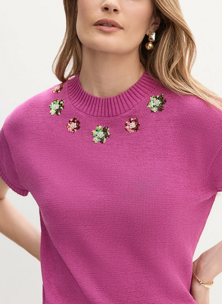 Flower Detail Crew Neck Sweater