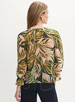 Palm Print Ruffle Front Blouse