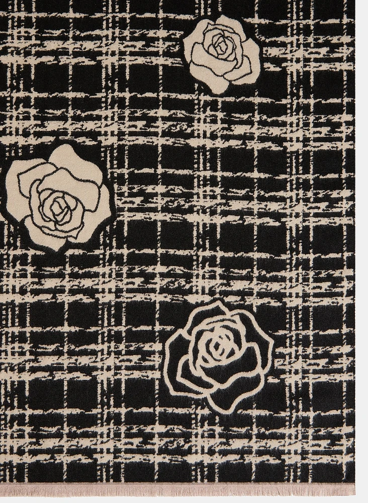 Reversible Plaid Print Rose Detail Scarf