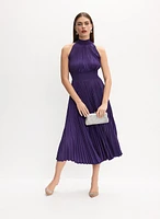 High Neck Satin Plissé Dress