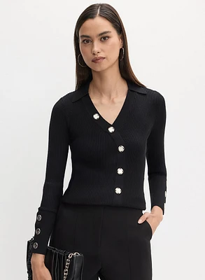 Ribbed Asymmetrical Button-Up Sweater