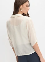 Notch Collar Elbow Sleeve Blouse