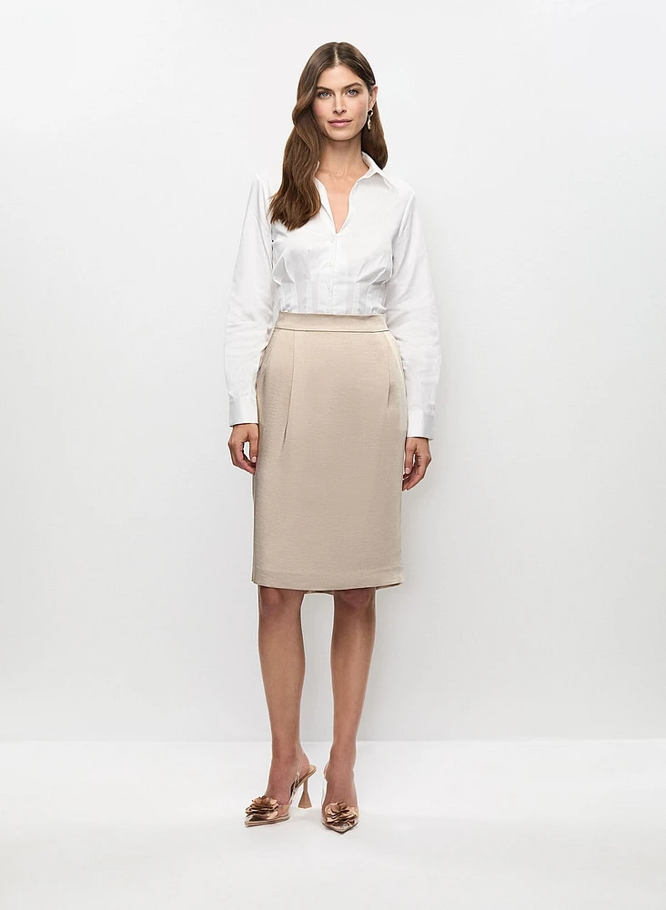 Corset Pintuck Blouse & Satin Pencil Skirt