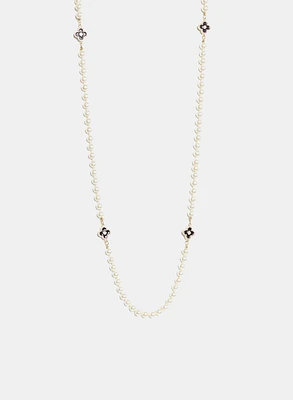 Long Clover Detail Pearl Necklace