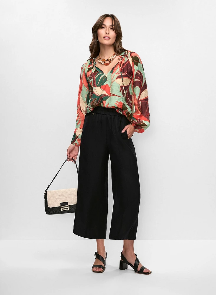 Puff Sleeve Blouse & Linen-Blend Culotte Pants