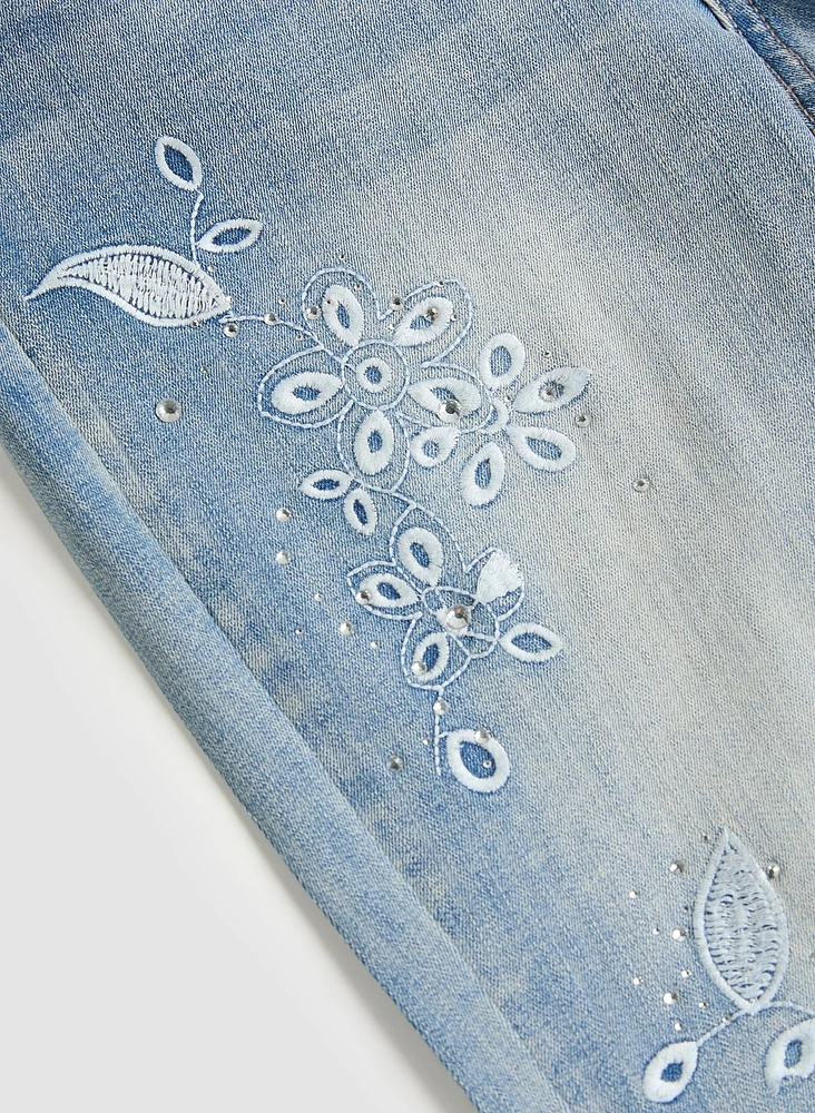 Floral Embroidered Light-Wash Jeans