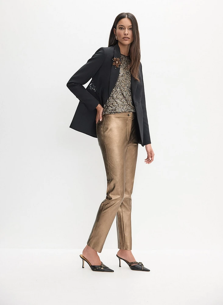 Metallic Vegan Leather Straight-Leg Pants