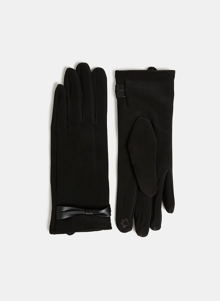 Vegan Leather Bow Trim Gloves