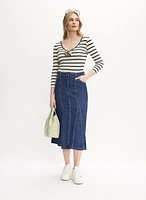 Striped Rosette T-Shirt & Denim Midi Skirt