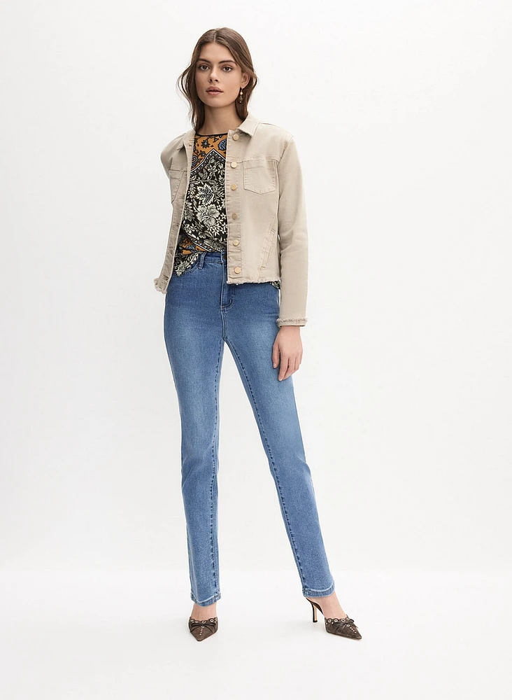 Frayed Denim Jacket & Straight-Leg Jeans