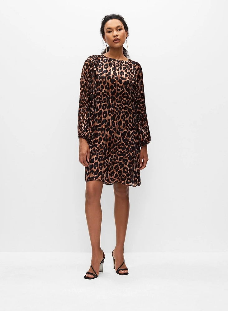 Leopard Motif Pleated Chiffon Dress