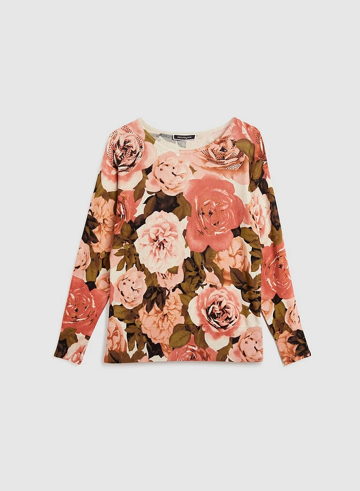 Rhinestone Detail Rose Print Sweater