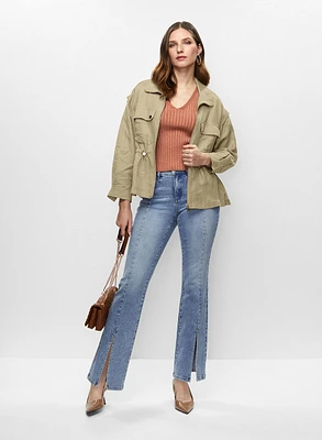 Zip Front Jacket & Flare Leg Front Slit Jeans