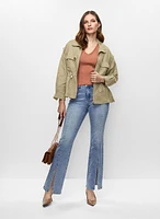 Zip Front Jacket & Flare Leg Front Slit Jeans