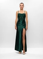 Embroidered Satin Gown & Crystal Cascading Earrings