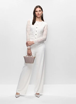 Lace Button Front Top & Satin Waist Pants